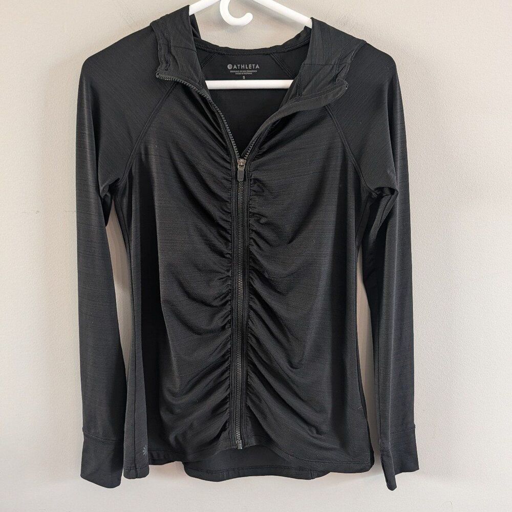 Athleta Pacifica Crosscurrent Black UPF 50 Ruched Full Zip Hoodie Size Small